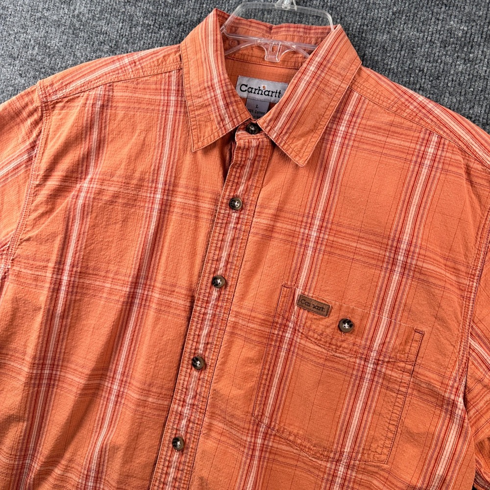 Carhartt Mens Orange Plaid Ripstop Cotton Short Sleeve Shirt Large